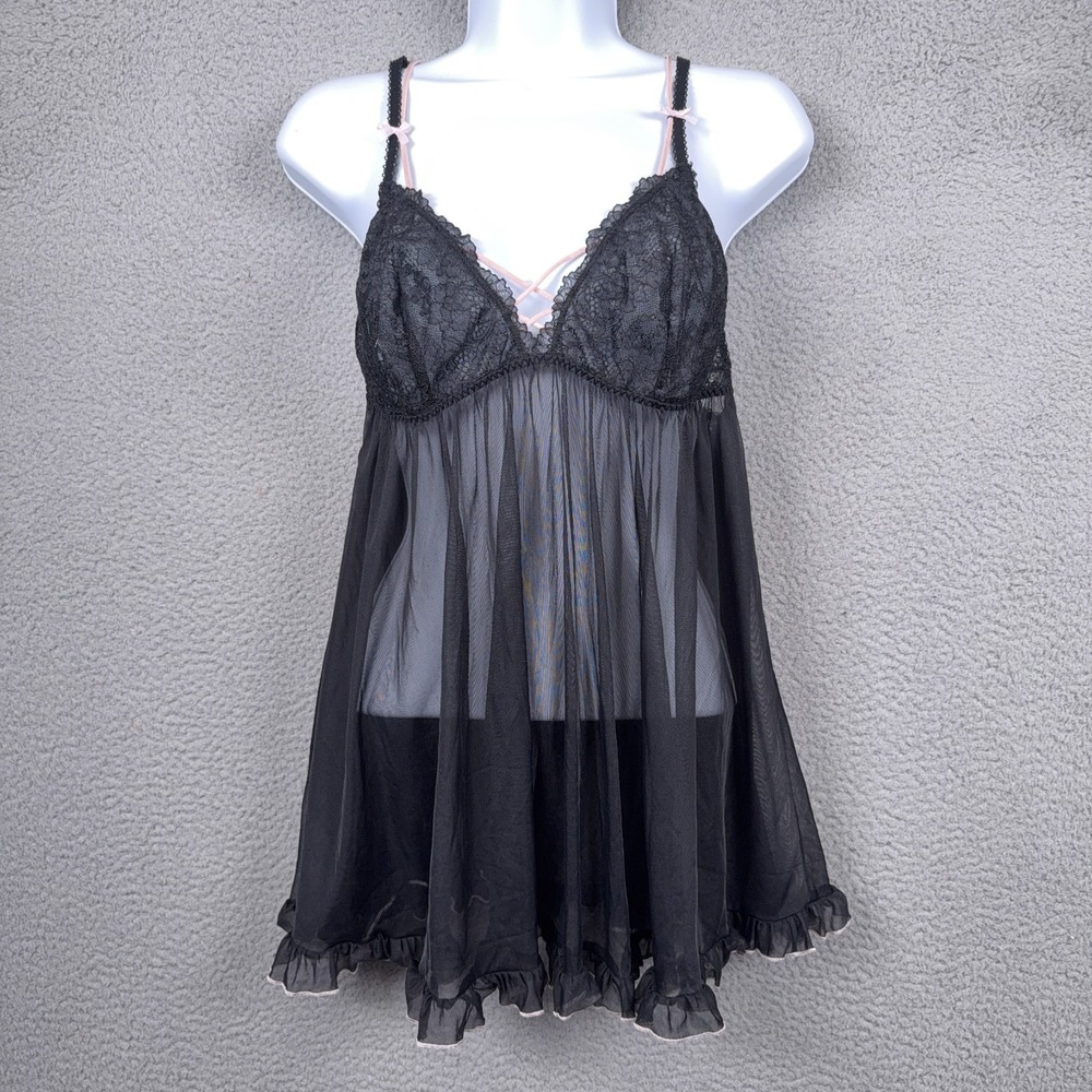 Victorias Secret Lingerie Top Womens L Black  Babydoll Sheer Sexy Whimsigoth Y2K